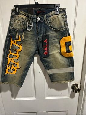 GALA Men's Distressed Blue Denim Jean Shorts with Yellow Patch Details